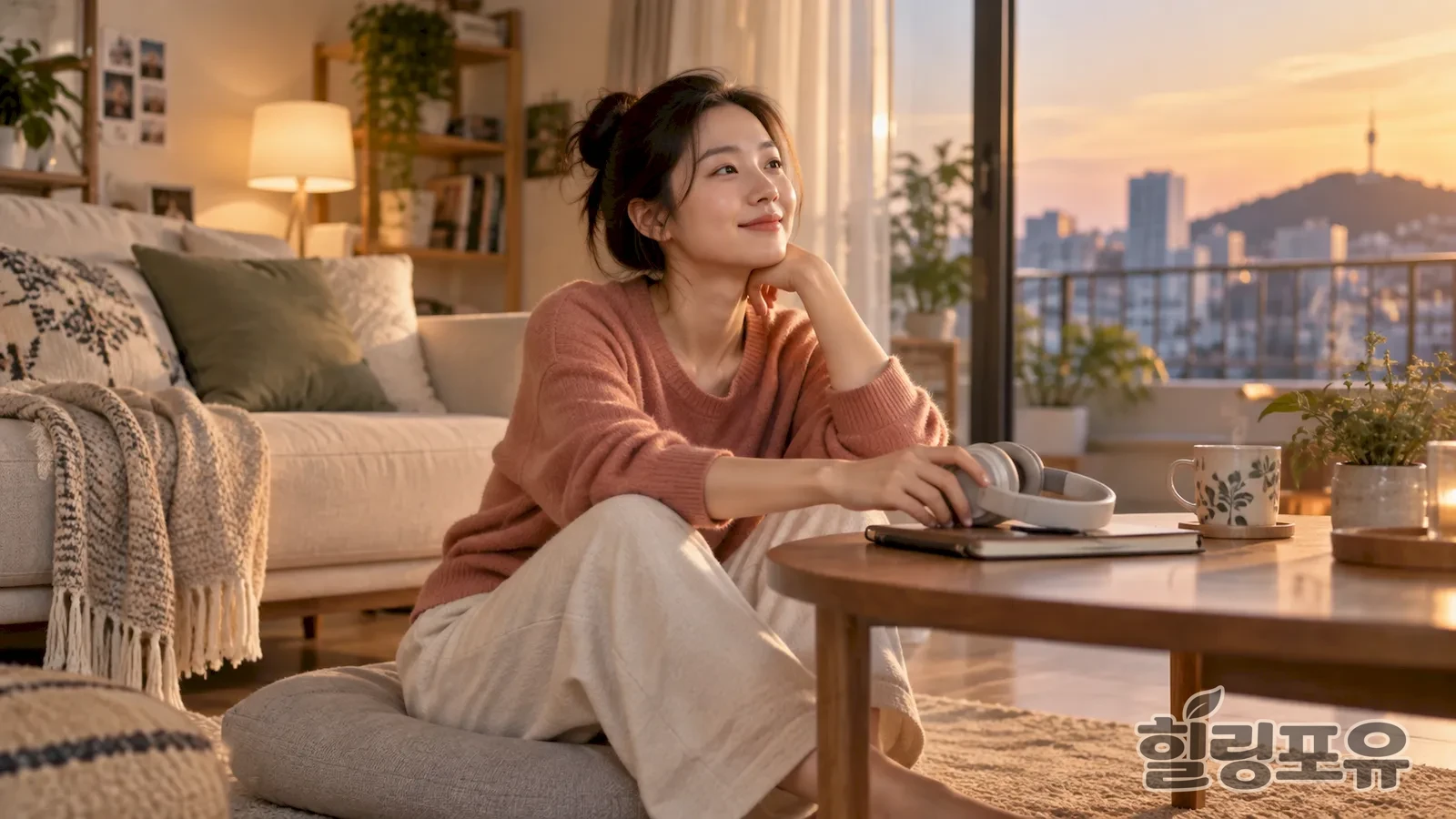 강서구출장마사지 안내 이미지 — 저녁 햇살이 비치는 거실에서 차를 곁에 두고 쉬는 여성
