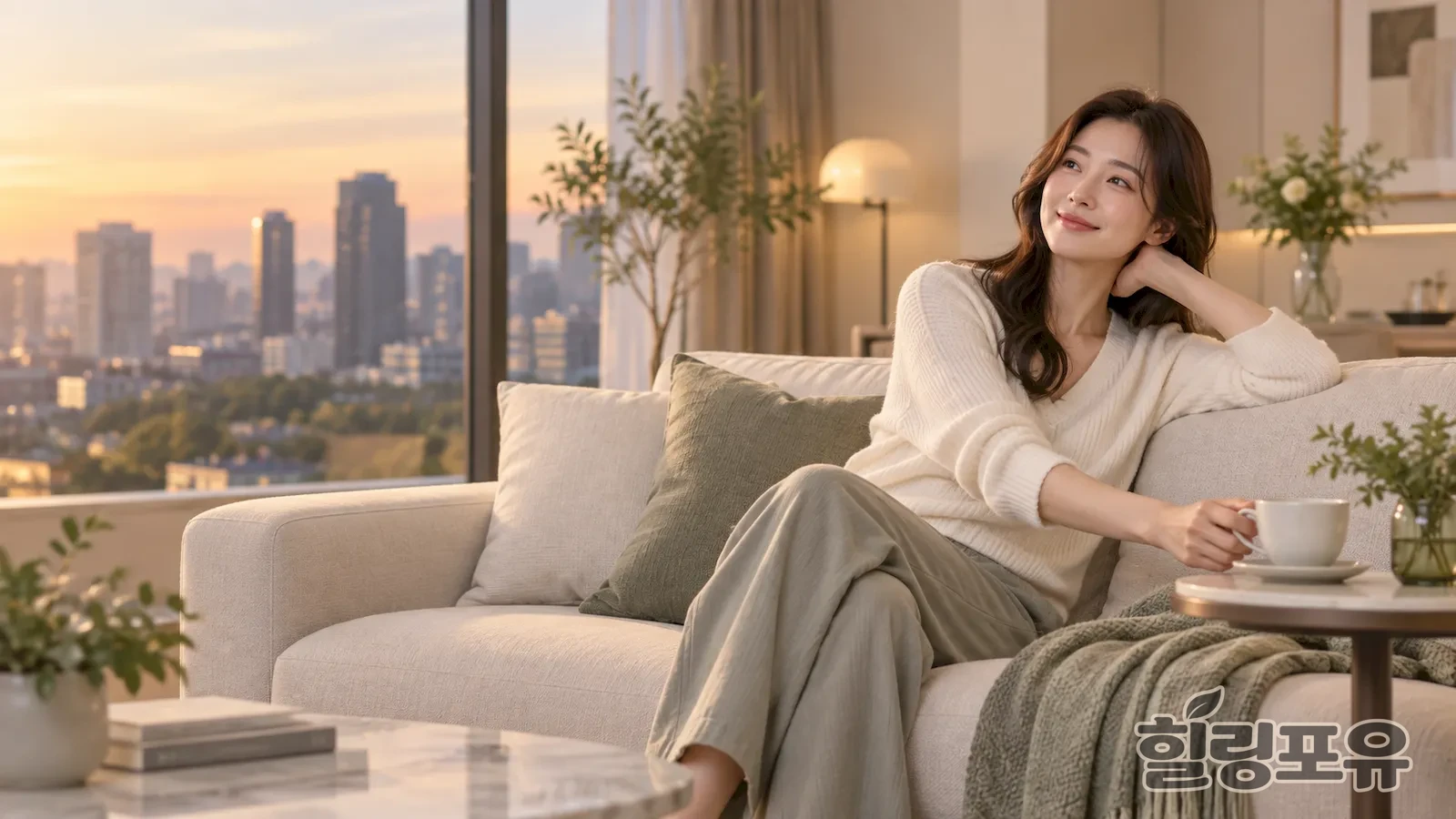 서울출장마사지 안내 이미지 — 창가 소파에서 편안하게 쉬는 여성