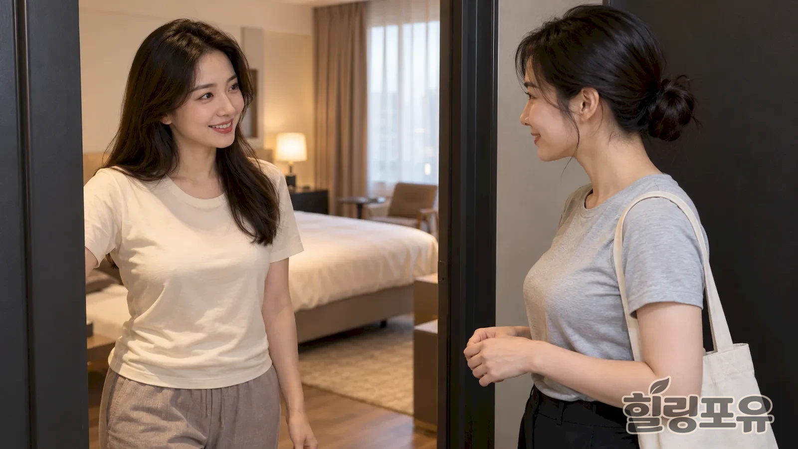숙소 문 앞에서 반갑게 인사하는 여성 고객과 방문 관리사